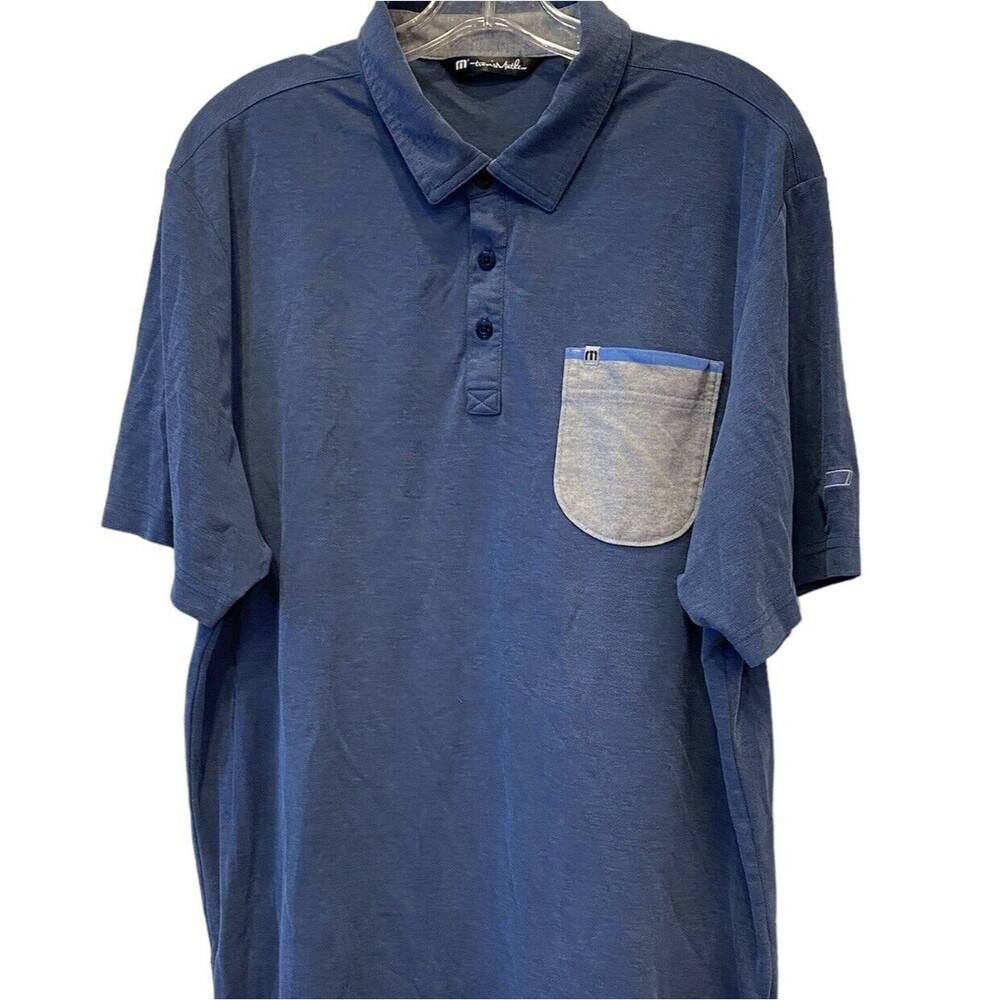 Travis Mathew Golf Polo Shirt Pima Cotton Men Sz XL Navy Blue Grey Patch Pocket